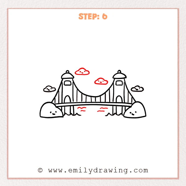 how to draw a golden gate bridge - Step 6 of how to draw the Golden Gate Bridge adds two extra smiling clouds in the sky and a few short ripple lines in the water beneath the bridge.